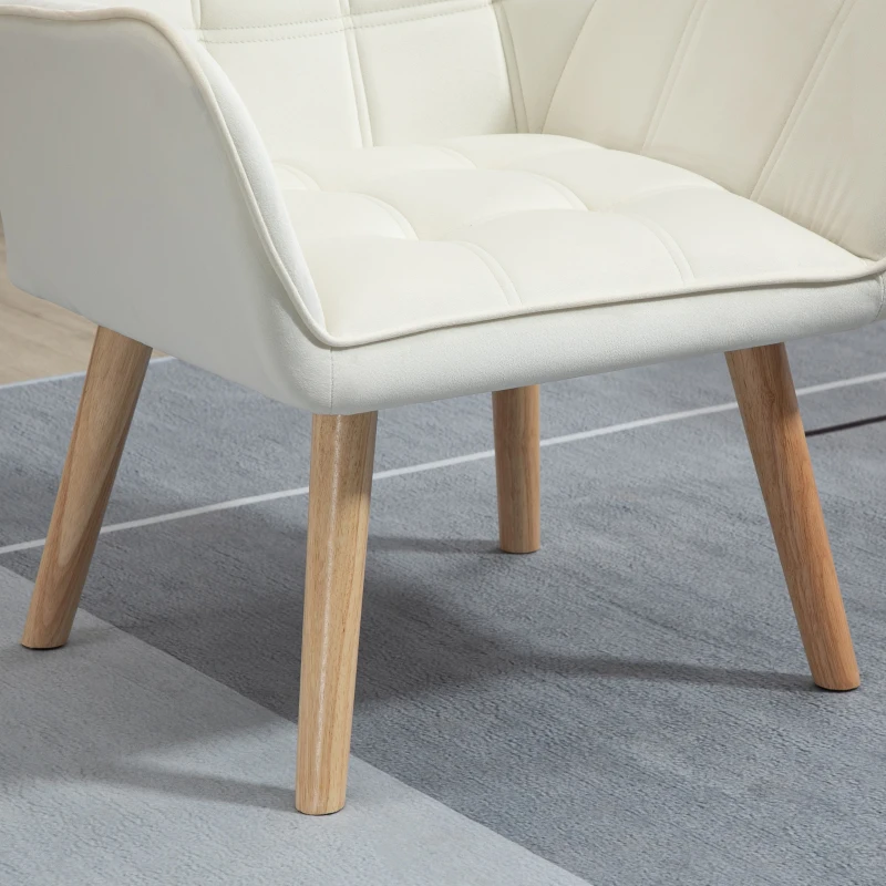 HOMCOM Gestoffeerde Accentstoel, Scandinavisch Design, Samtoptiek, tot 120 kg, Rubberhout Poten, Crème