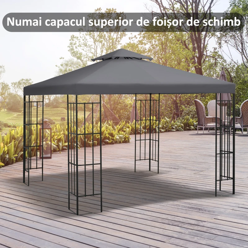 Outsunny Copertina de Rezerva de 3x3m pentru Foisor, 2 Niveluri Superioare de Protectie UV pentru Foisor in Aer Liber de 300 x 300 cm Gri Inchis (DOAR PARTEA SUPERIOARA)