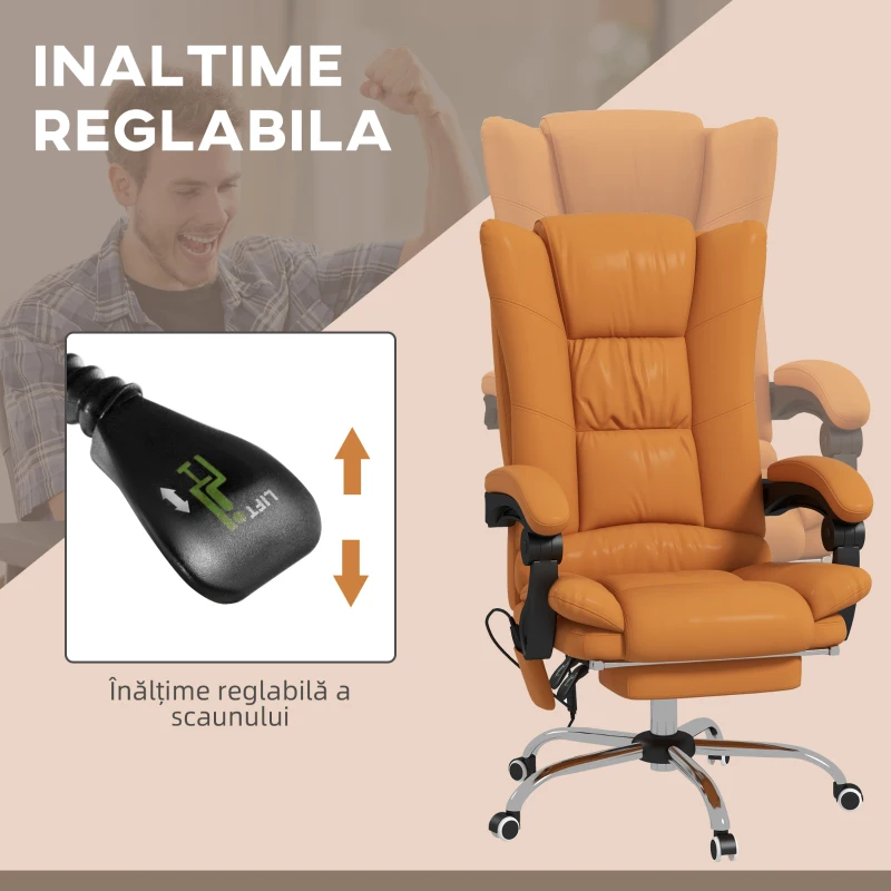 Vinsetto Scaun de Birou Masaj cu Vibratii Caldura Scaun de Calculator Suport pentru Picioare Cotiera Spatar Rabatabil Maro Deschis Pentru scoala computer mobila de studiu ergonomic pentru birou munca modern contemporan dormitor ergonomic cu masaj(m-5)