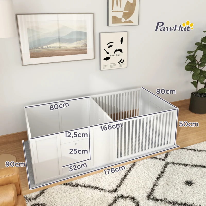 PawHut Werpbox voor Puppy's, met Ondermat, eenvoudig te reinigen, Hout, 166x80x50 cm, Wit(m-3)