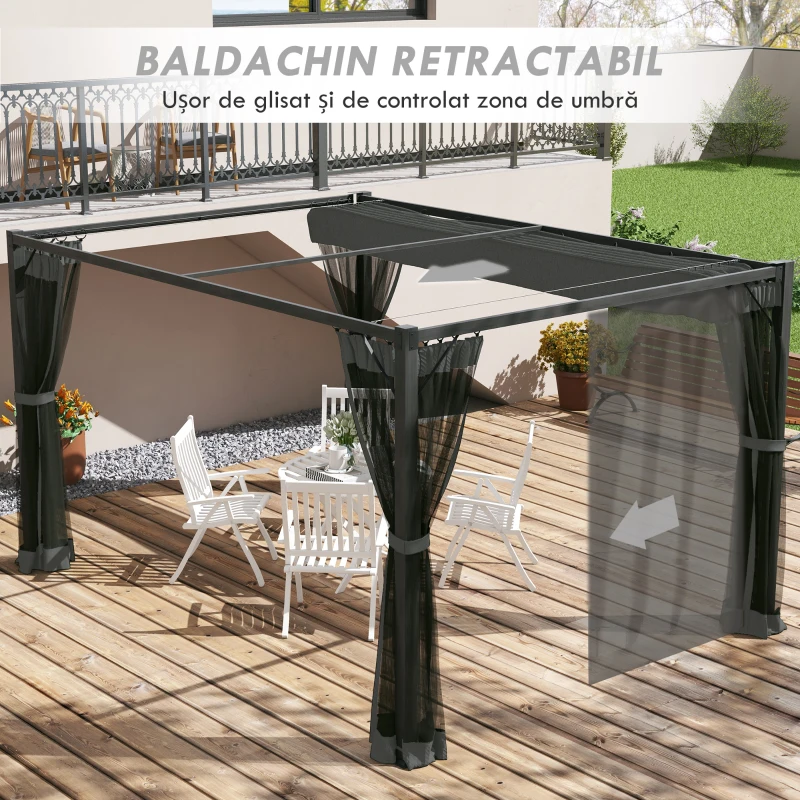 Outsunny Pergola 3 x 4 m cu copertina retractabila, Gri inchis