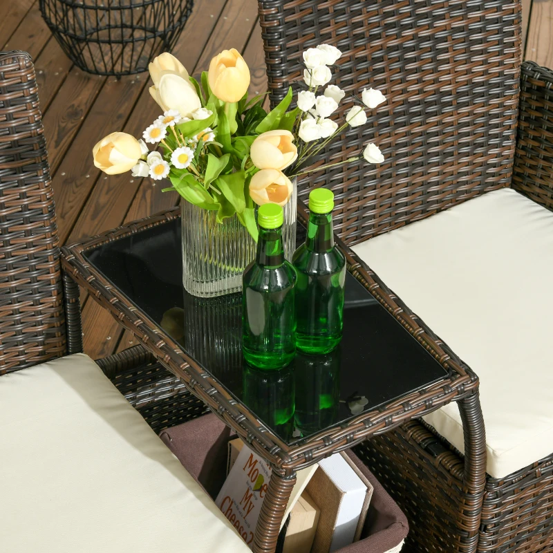 Outsunny Set de 2 Scaune din Ratan cu Măsuță de Ceai, Canapea pentru 2 Persoane pentru Exterior cu Perne, 38x60x87 cm, Maro
