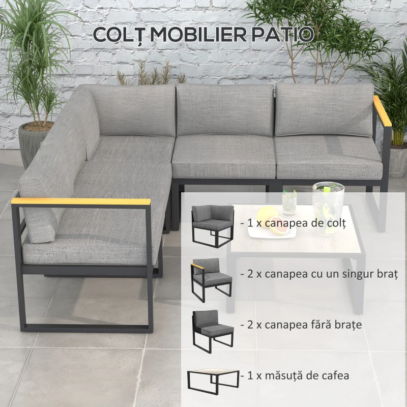 Outsunny Set de Mobilier de Gradina din 6 Piese cu Pernute de Grosime 10 cm, Set de Canapea cu Cadru din Aluminiu