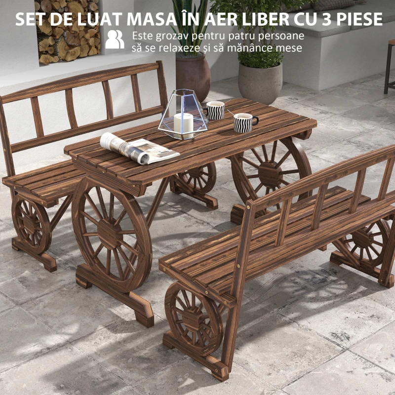 Outsunny Set de Mobilier de Terasa din 3 Piese pentru Exterior, Set din Lemn pentru Gradina cu Doua Scaune si Masa