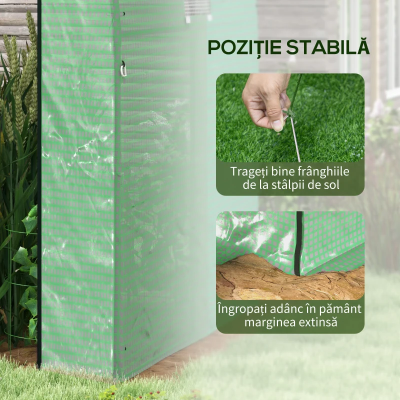 Outsunny Seră Tip Tunel din Polietilenă Cu Uși și Ferestre din Plasă, Cort cu Capac din PE și Cadru de Oțel, Verde 1,8x1,8x2 m