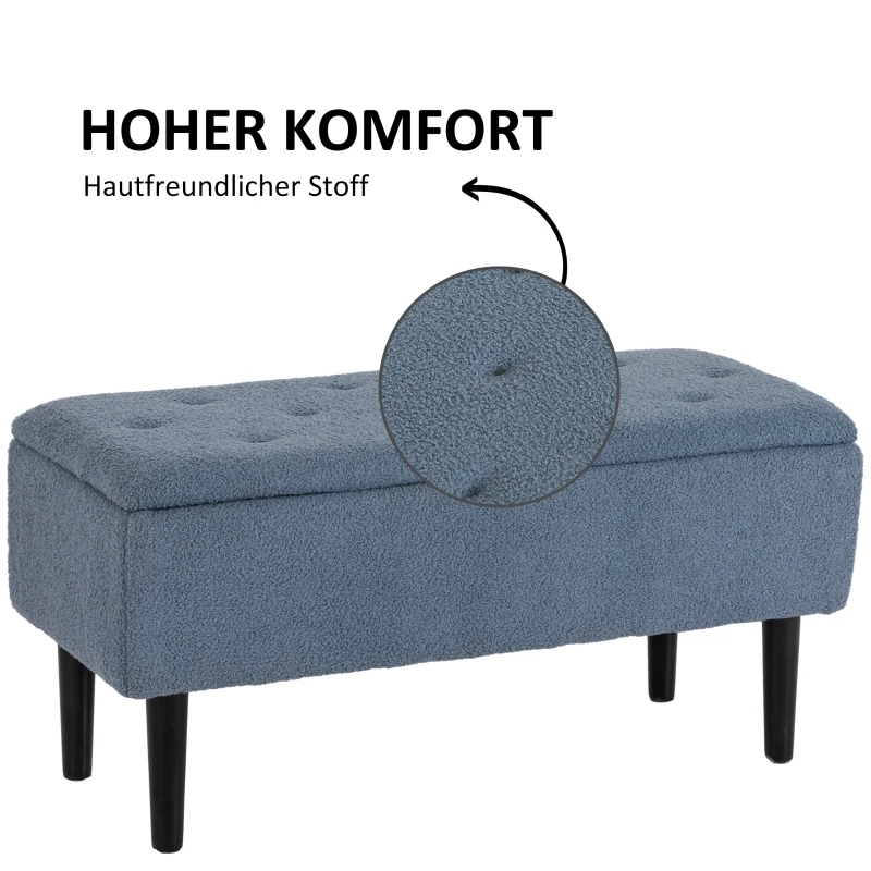HOMCOM Gestoffeerde Bank met Opbergruimte, Zitkist, Kasjmier-Look, tot 120 kg, Natuurhout Frame, 95 x 38 x 45 cm, Blauw(m-6)