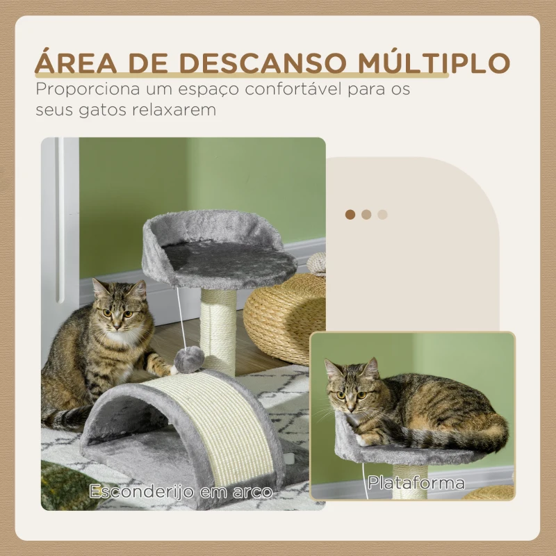 PawHut Arranhador para Gatos de 2 Níveis com Poste e Tapete de Arranhar Cama e Bola Suspensa 35,5x37x46 cm Cinza