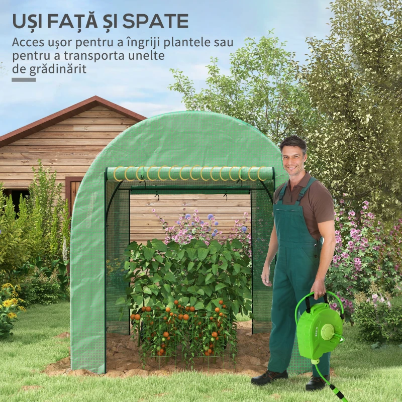 Outsunny Seră Tip Tunel din Polietilenă Cu Uși și Ferestre din Plasă, Cort cu Capac din PE și Cadru de Oțel, Verde 1,8x1,8x2 m