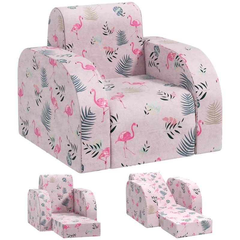 AIYAPLAY Kinderstoel met Slaapfunctie, tot 3 Jaar/45 kg, Flamingopatroon, 46,5x93x28,5 cm, Roze