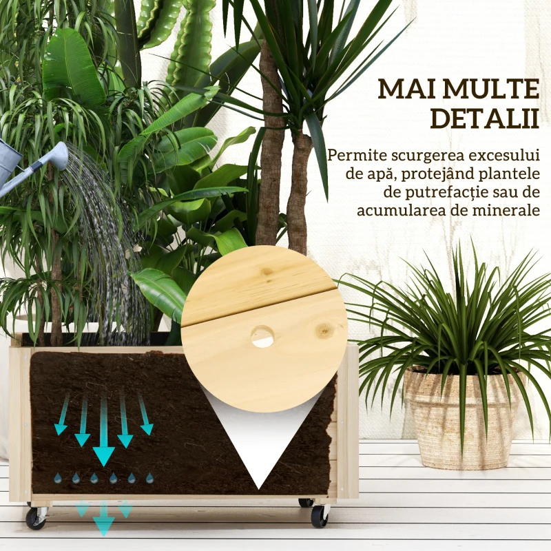 Outsunny Jardinieră de Gradină cu Orificiu de Drenaj și Căptușeală, Jardinieră din Lemn de Brad cu Roți, 89x48x47 cm, Lemn Natural