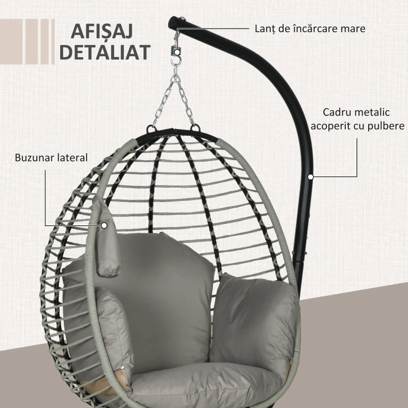 Outsunny Leagăn pentru Exterior cu Pernă Capitonată, Scaun Suspendat pentru Terasă cu Suport Metalic, Cos Pliabil, 110x100x188 cm, Gri