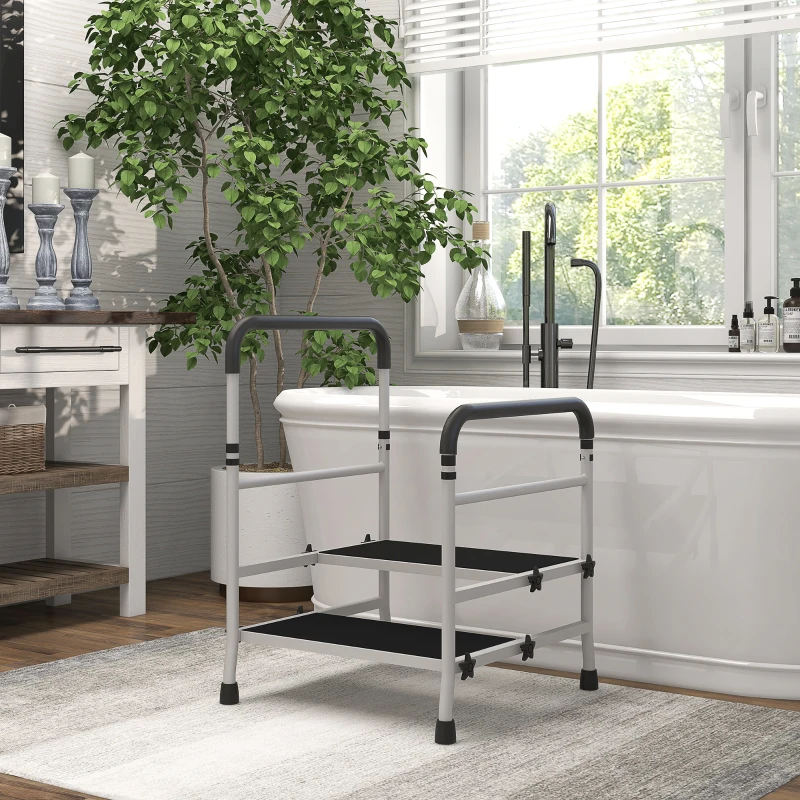 HOMCOM Marchepied escabeau 2 marches avec 2 poignées barres de sécurité hauteur réglable pour appui noir blanc