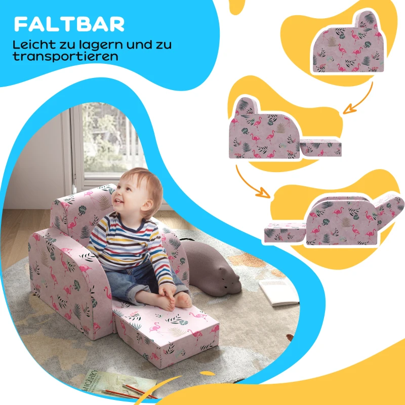 AIYAPLAY Kinderstoel met Slaapfunctie, tot 3 Jaar/45 kg, Flamingopatroon, 46,5x93x28,5 cm, Roze