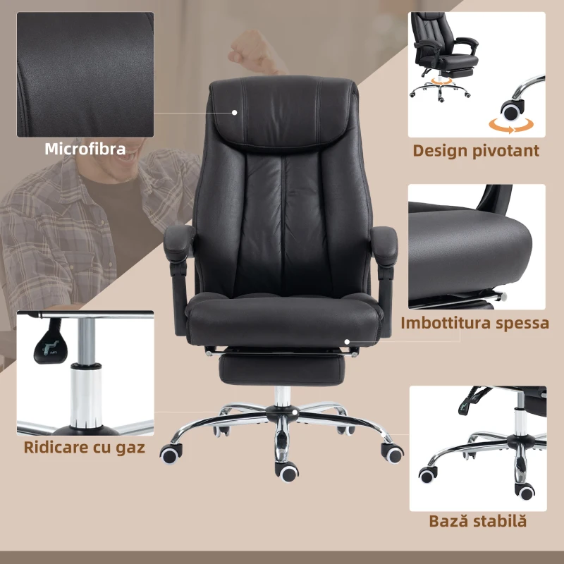 HOMCOM Scaun de Birou Rabatabil cu Suport pentru Picioare și Înălțime Reglabilă, 66x70x111-119 cm, Negru