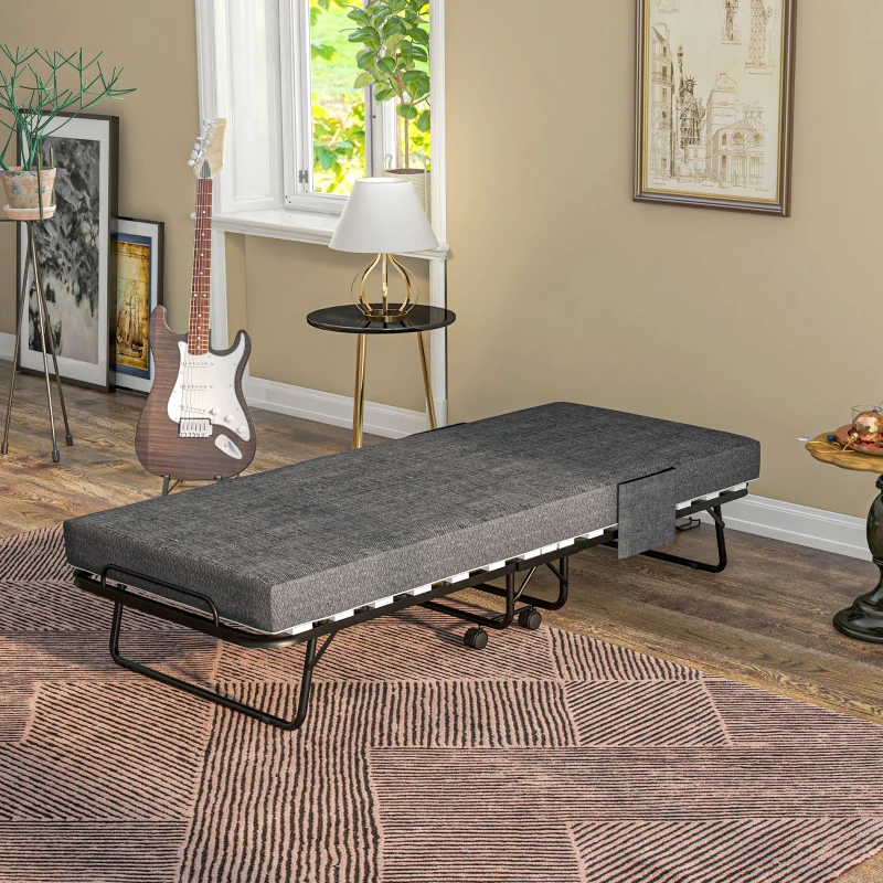HOMCOM Opklapbed, Matras, 4 Wielen, Metalen Frame, Tot 150 kg, 190 x 80 x 42 cm, Donkergrijs