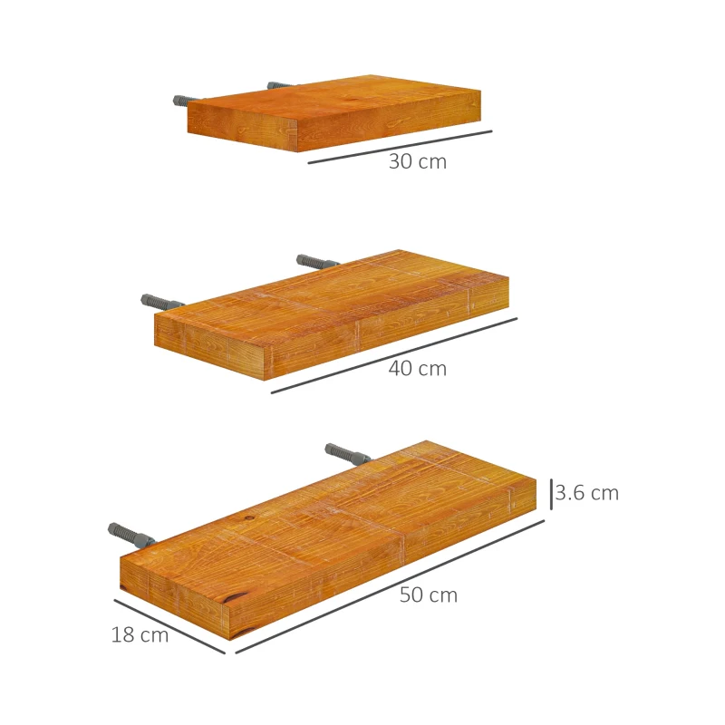 HOMCOM Set de 3 Rafturi de Perete din Lemn de Pin pentru Sufragerie, Dormitor si Studiou, 30/40/50x18x3.6cm, Maro