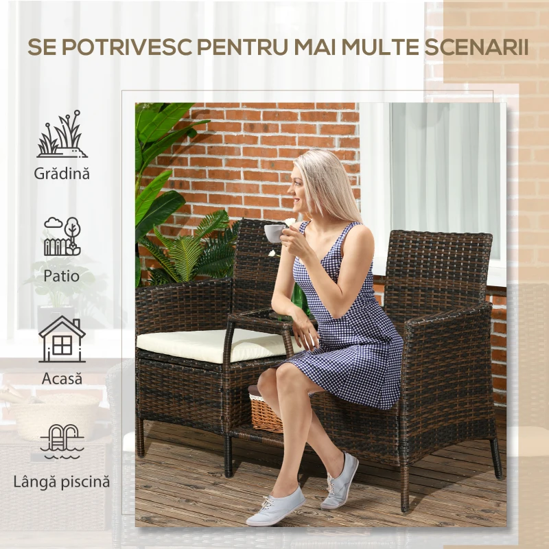 Outsunny Set de 2 Scaune din Ratan cu Măsuță de Ceai, Canapea pentru 2 Persoane pentru Exterior cu Perne, 38x60x87 cm, Maro
