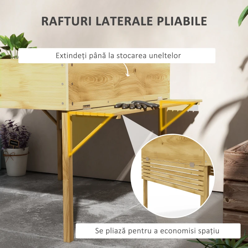 Outsunny Strat de Grădină Înălțat cu 12 Grile, Jardinieră Înălțată din Lemn cu Rafturi Laterale Pliabile, 122x91,5x89 cm, Lemn Natural