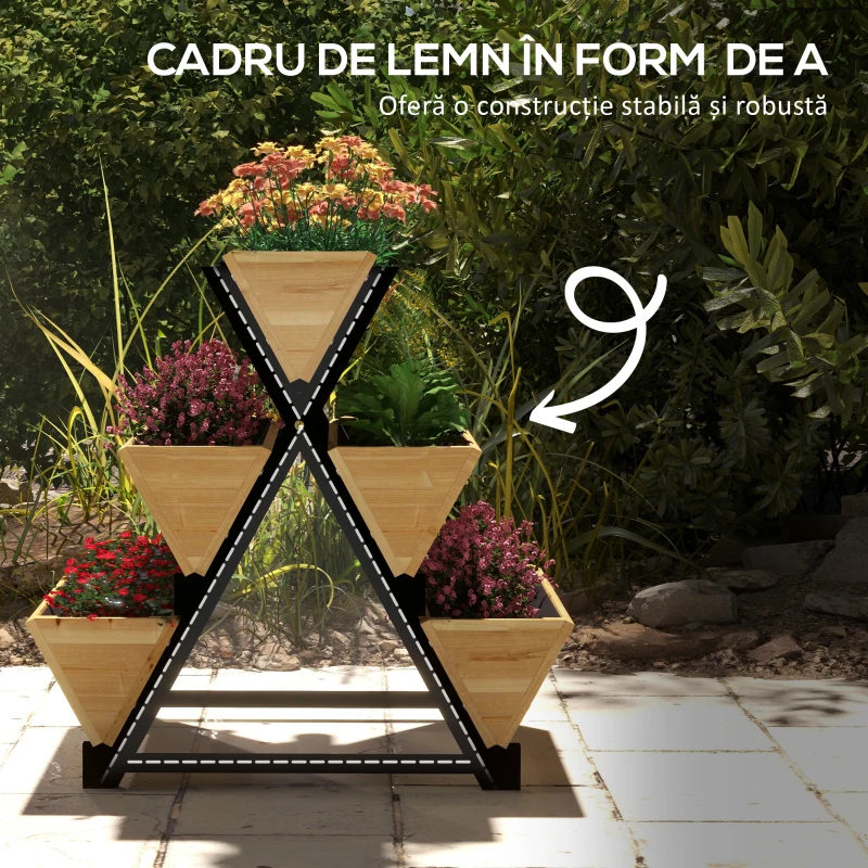 Outsunny Jardinieră de Exterior cu 5 Structuri din Lemn, Jardinieră de Grădină cu Orificii de Drenaj, 75x78x77 cm, Lemn Natural