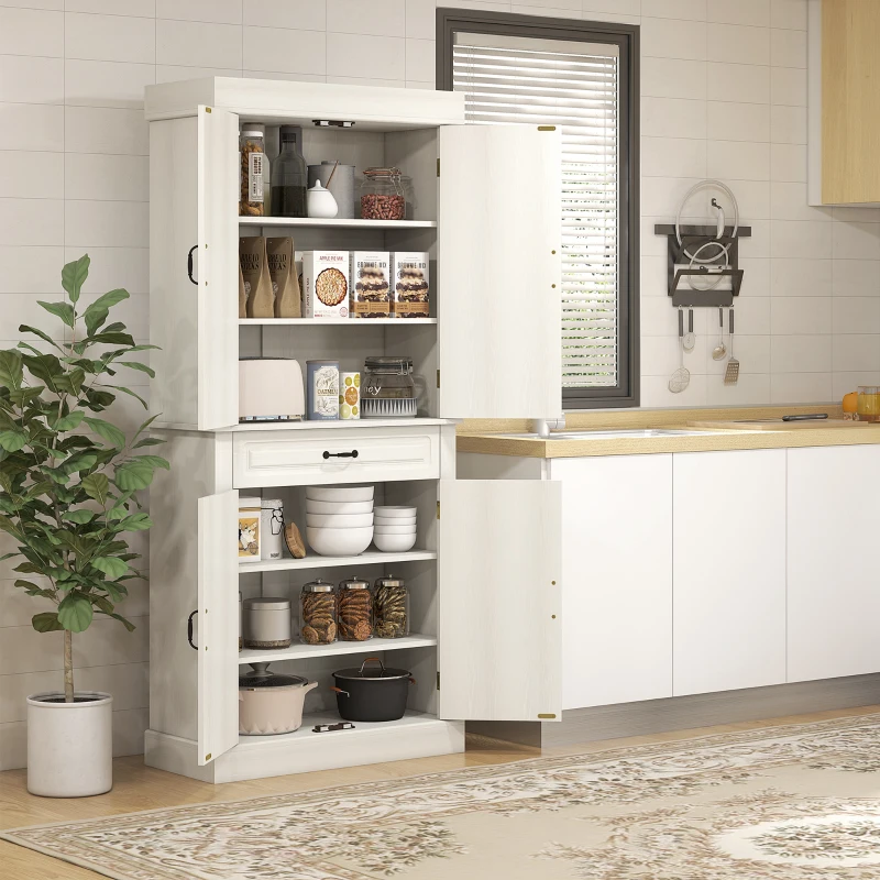 HOMCOM Kitchen Cupboard with 4 Doors, Freestanding Storage Cabinet with Wide Drawer and Shelves for Living Room, 180cm, White Wood Grain(m-7)