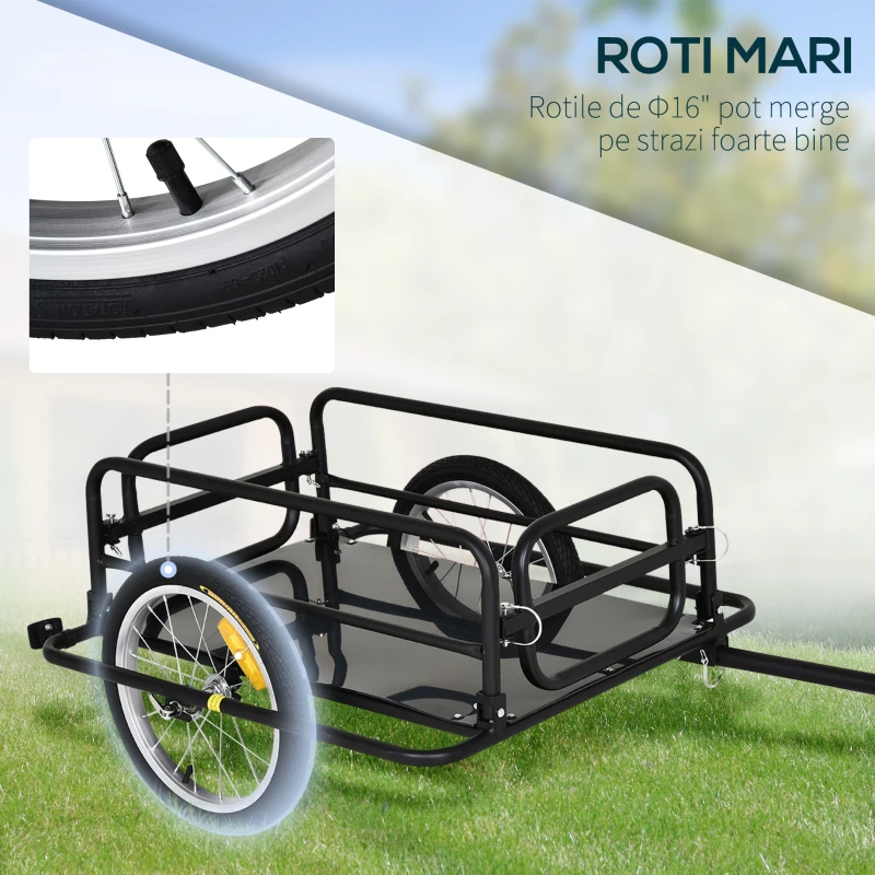 HOMCOM Cărucior pentru Bicicletă cu Pereți Pliabili și Detașabili, Remorcă pentru Bicicletă din Oțel și PE, 139x71.5x49 cm, Negru(m-6)