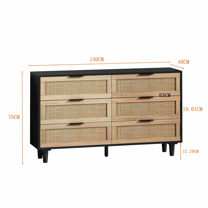 Meuble de Rangement en Rotin avec 6 Tiroirs pour Chambre et Salon, Commode en Panneaux de Particules de Haute Qualité, 130x40x75 cm, Noir