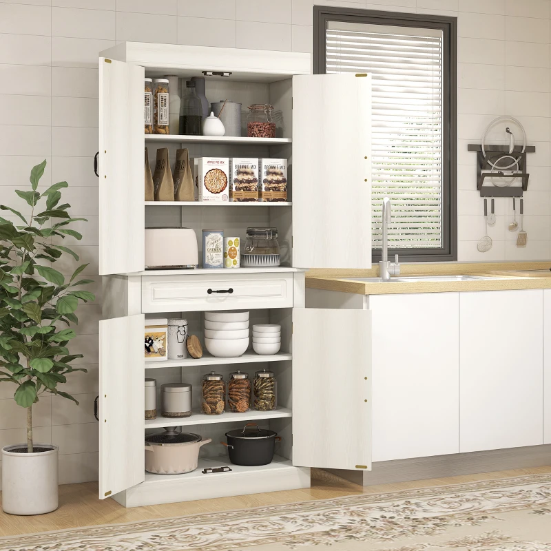 HOMCOM Kitchen Cupboard with 4 Doors, Freestanding Storage Cabinet with Wide Drawer and Shelves for Living Room, 180cm, White Wood Grain(m-10)