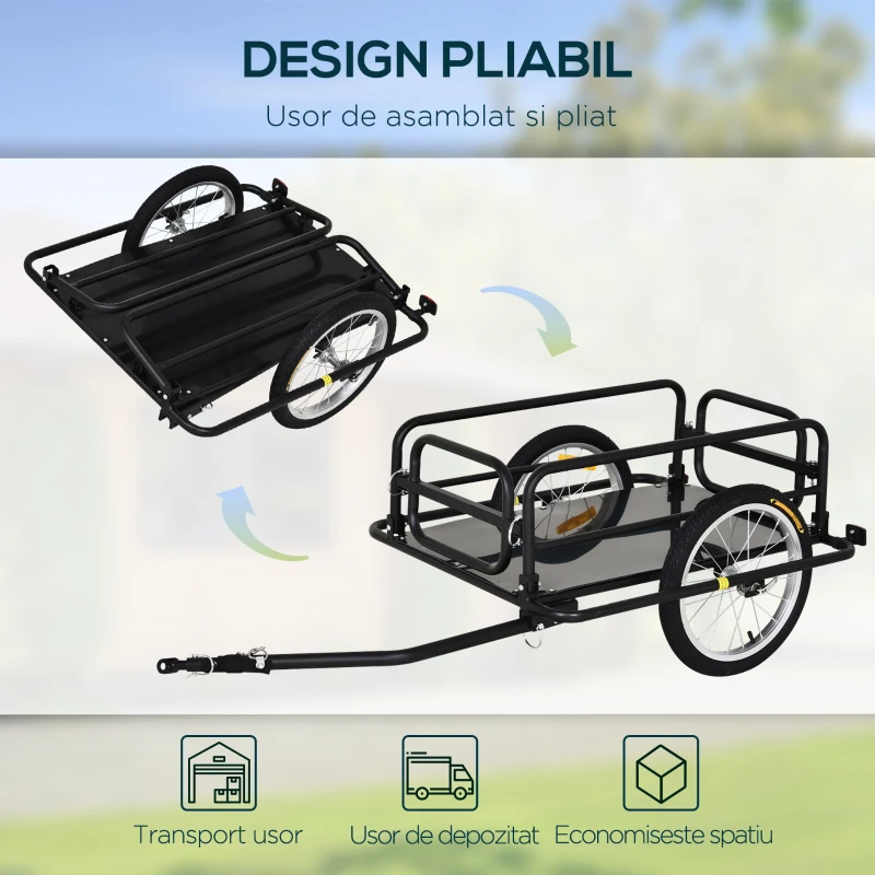 HOMCOM Cărucior pentru Bicicletă cu Pereți Pliabili și Detașabili, Remorcă pentru Bicicletă din Oțel și PE, 139x71.5x49 cm, Negru(m-5)