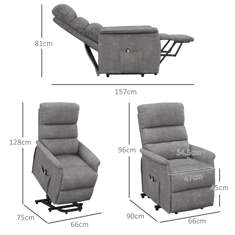 HOMCOM Relaxfauteuil met Elektrische Opstaanondersteuning, Verstelbare Rugleuning/Voetensteun, tot 120 kg, 66x90x96 cm, Grijs(m-3)