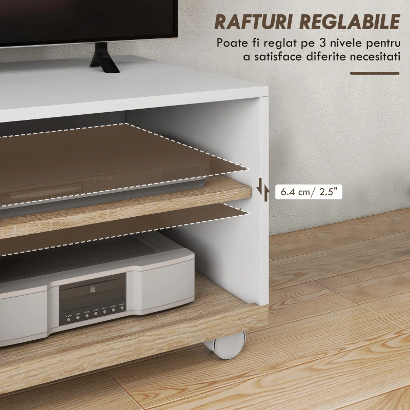 HOMCOM Dulap TV 42" Max cu 2 Rafturi deschise si Usa, Dulap TV Jos din PAL cu Roti, 80x45x39.5 cm, Alb