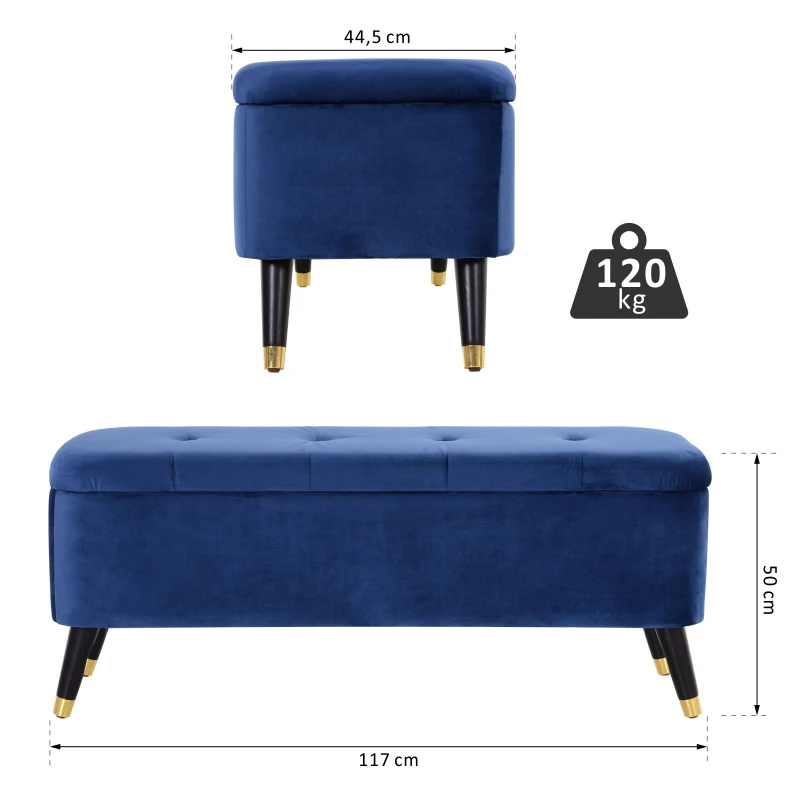 HOMCOM Banc de rangement, bout de lit, coffre de rangement, repose-pieds en velours côtelé avec couvercle, pour salon, chambre, entrée, 117 x 44 x 50 cm, bleu
