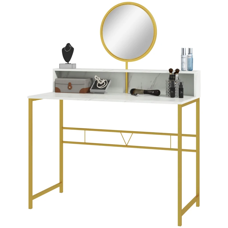 HOMCOM Modern Dressing Table with Round Mirror, Vanity Makeup Desk with Open Storage, Faux Marble Texture and Steel Frame for Bedroom, White