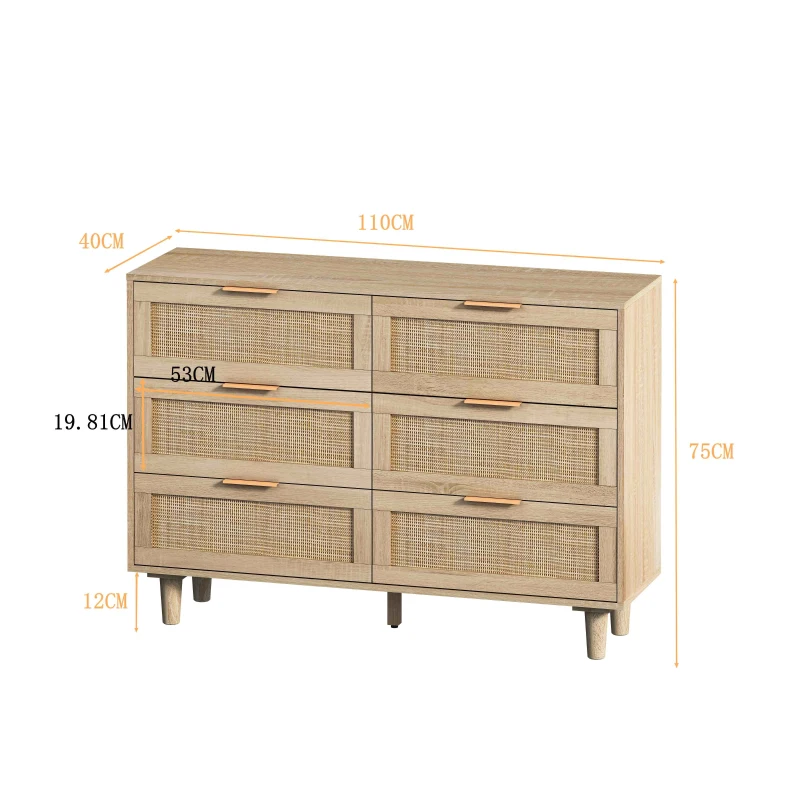Commode de Rangement en Rotin avec 6 Tiroirs, Meuble de Rangement en Panneaux de Particules de Haute Qualité pour Chambre et Salon, Naturel