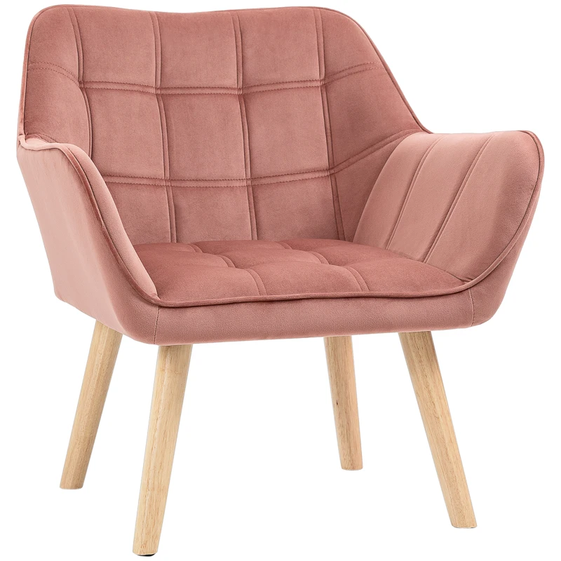 HOMCOM Gestoffeerde Stoel, Accentstoel, Scandi Design, in Fluwelen Look, tot 120 kg, Rubberhouten Poten, Roze