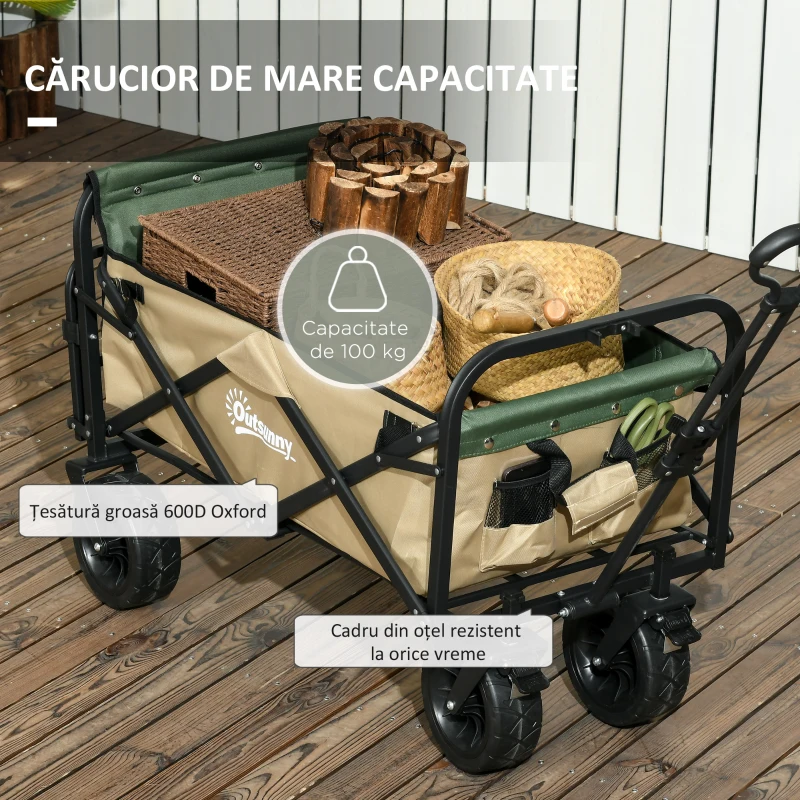 Outsunny Carucior de Exterior Pliabil, Capacitate de 100KG, Kaki