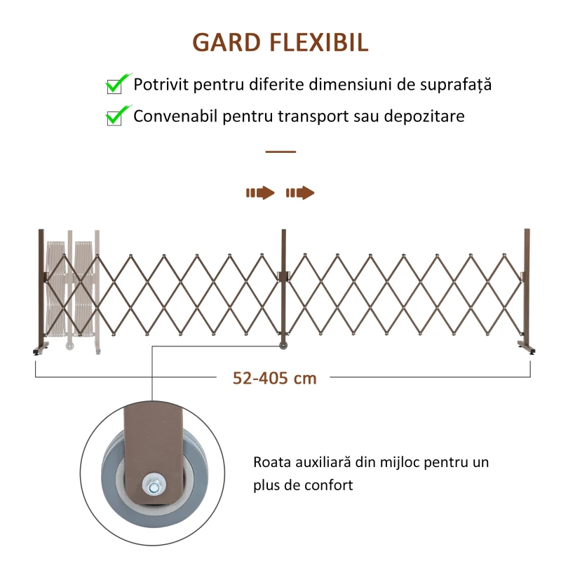 Outsunny Gard Extensibil Autoportant, Grilaj Flexibil din Oțel și Aluminiu, Pliabil, 52-405 cm, Maro Închis