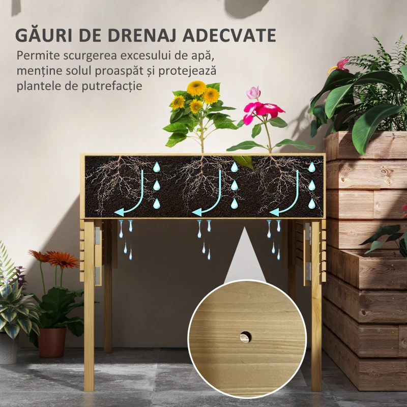 Outsunny Strat de Grădină Înălțat cu 12 Grile, Jardinieră Înălțată din Lemn cu Rafturi Laterale Pliabile, 122x91,5x89 cm, Lemn Natural