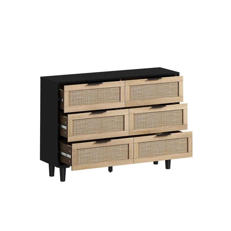 Commode de Rangement en Rotin avec 6 Tiroirs, Structure en Panneaux de Particules de Haute Qualité, Meuble de Rangement pour Chambre et Salon, Noir