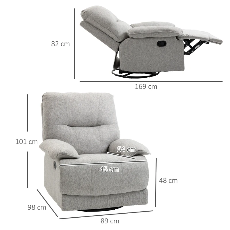 HOMCOM Relaxsessel mit Liegefunktion, Fußstütze, bis 160 kg, 89x98x101cm, Hellgrau(m-3)