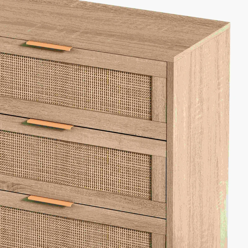 Commode en rotin avec 6 tiroirs pour chambre et salon, meuble de rangement en panneau de particules de haute qualité, 130x40x75 cm, Naturel
