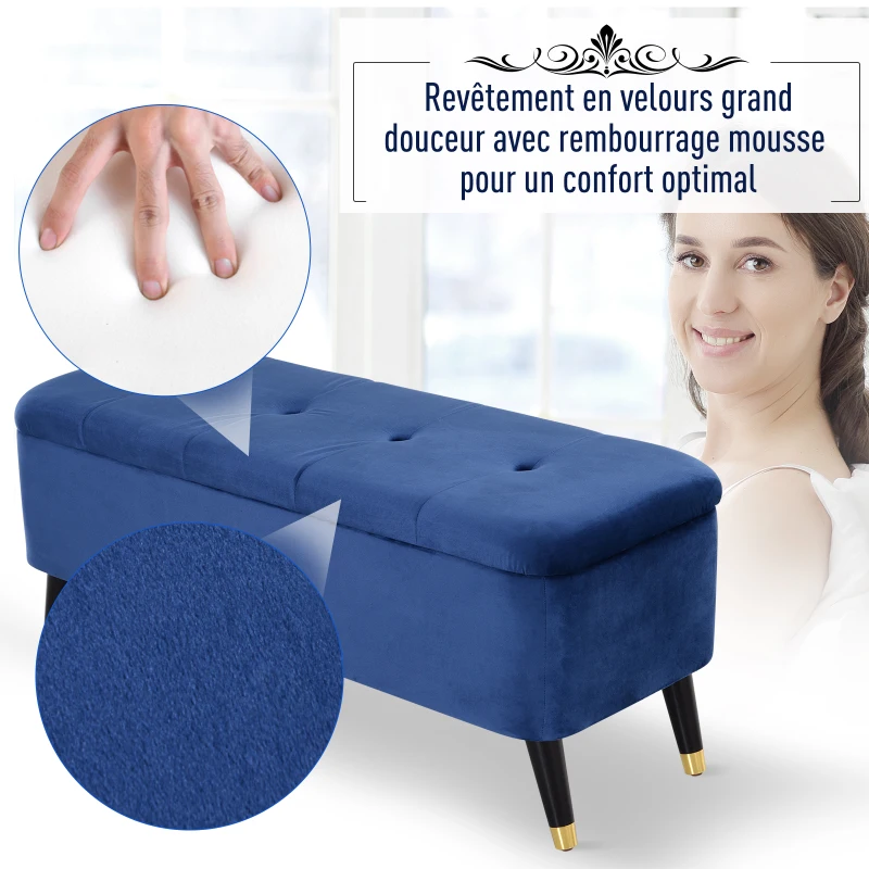 HOMCOM Banc de rangement, bout de lit, coffre de rangement, repose-pieds en velours côtelé avec couvercle, pour salon, chambre, entrée, 117 x 44 x 50 cm, bleu