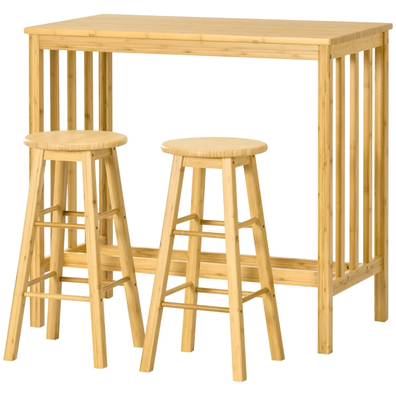 HOMCOM Ensemble table de bar rectangulaire + 2 tabourets ronds bambou avec repose-pieds 3 pièces 98 x 53 x 90 cm bois naturel