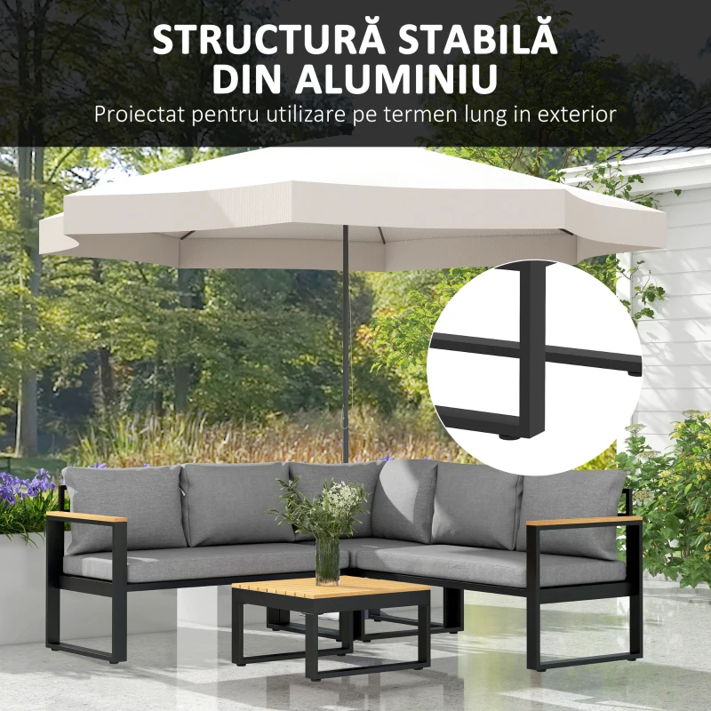 Outsunny Set de Mobilier pentru Grădină din 4 Piese cu 2 Canapele Duble, Colțar și Măsuță de Cafea, 124x61x71,5 cm, Gri