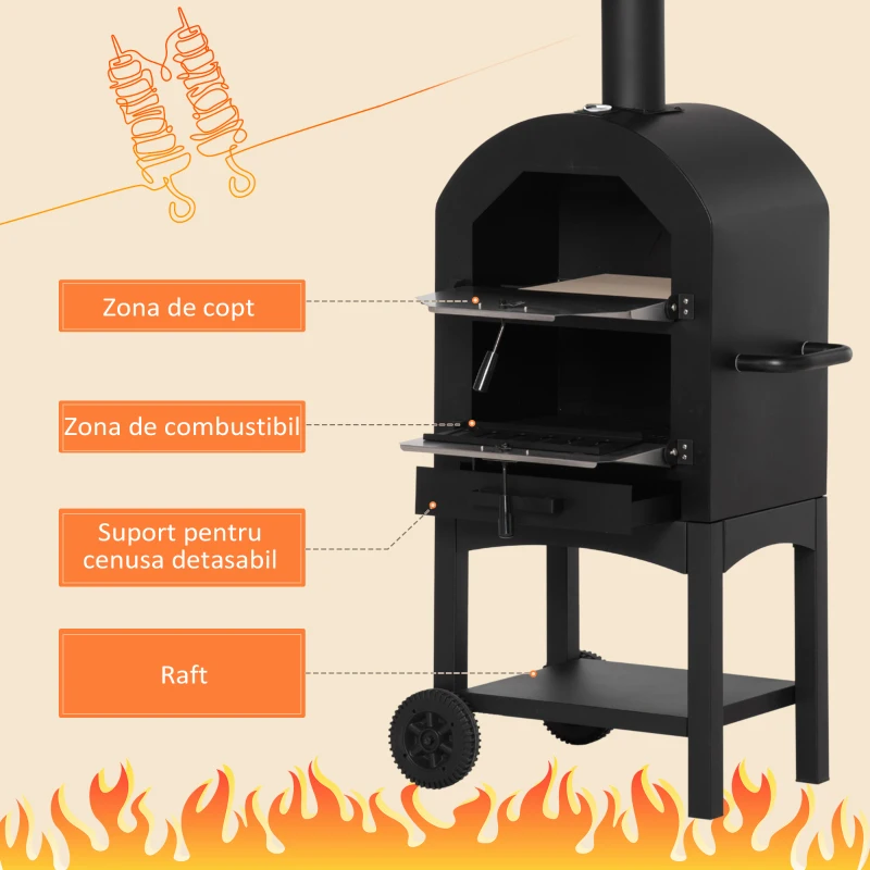 Outsunny Cuptor Portabil cu Cărbune pentru Pizza și Barbecue, Cuptor cu Lemne, Coș de Fum și Raft Inferior, 63x54x161 cm, Negru