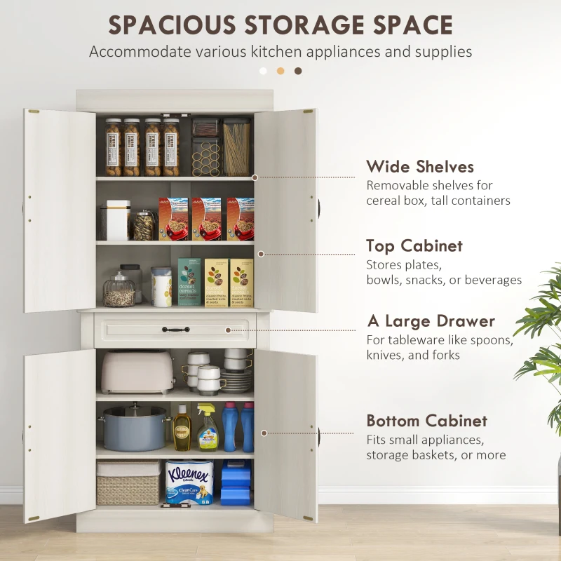 HOMCOM Kitchen Cupboard with 4 Doors, Freestanding Storage Cabinet with Wide Drawer and Shelves for Living Room, 180cm, White Wood Grain(m-4)