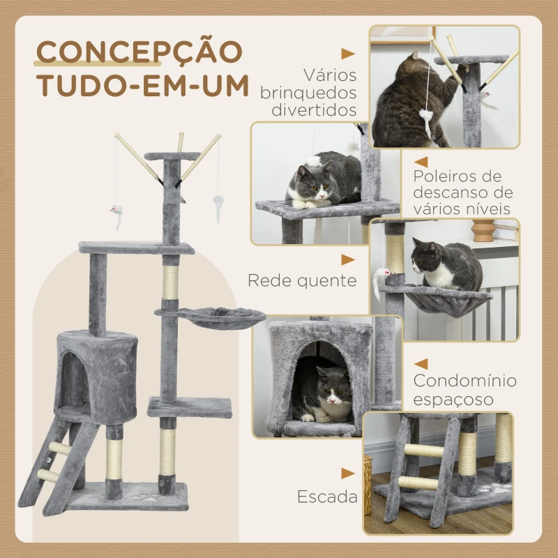 PawHut Arranhador para Gatos de 134,2 cm com Caverna Plataformas Rato de Brinquedo Rede e Postes de Sisal 50x35x134,2 cm Cinza