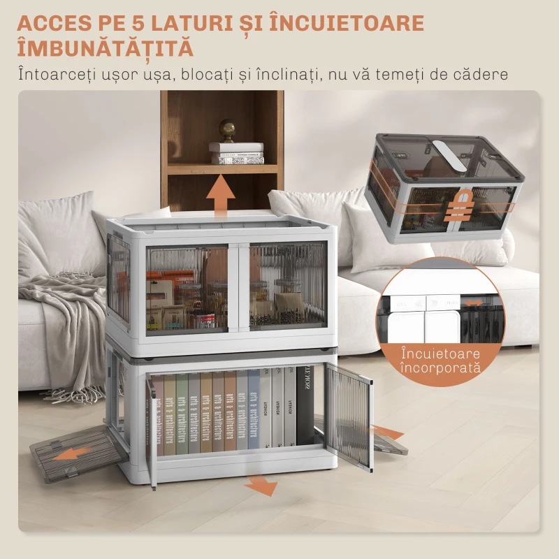 HOMCOM Cosuri de depozitare stivuibile cu capac, 69L, Alb