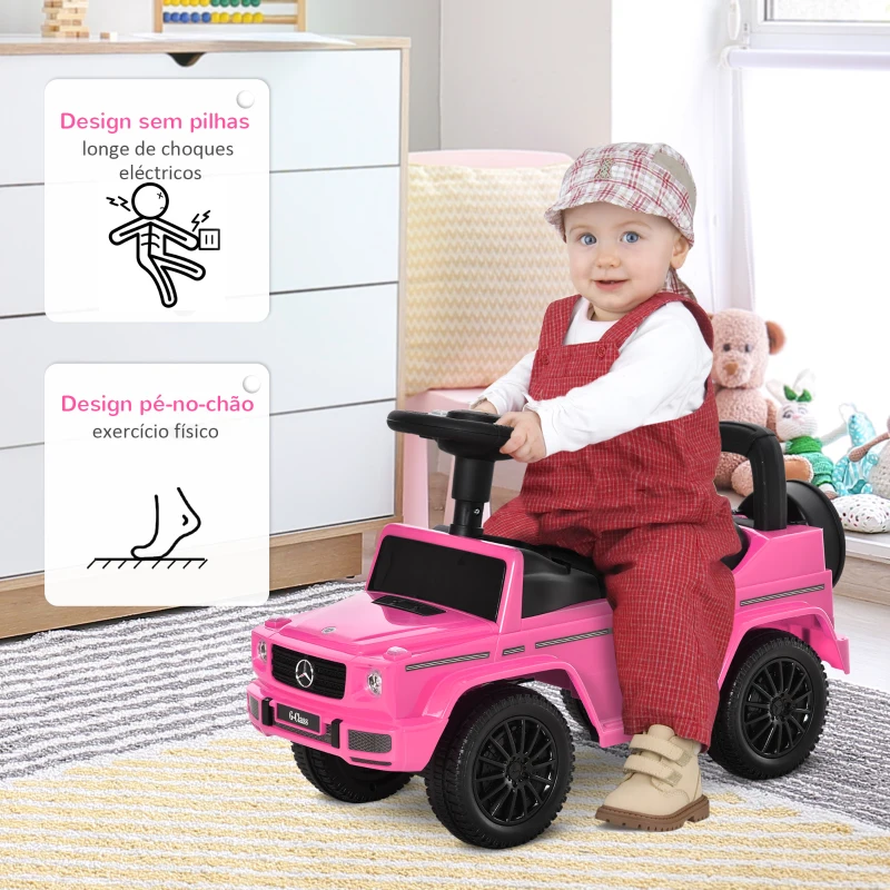 HOMCOM Carro Andador para Bebés com Licença Mercedes G350 com Compartimento de Arrumação e Volante Carga 25 kg 62,5x28,5x45 cm Rosa
