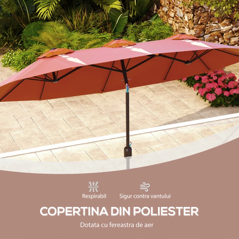Outsunny Umbrela de soare de gradina basculabila dubla cu deschidere cu manivela, copertina cu orificii de ventilatie si 12 nervuri, 295x152x222cm, rosu