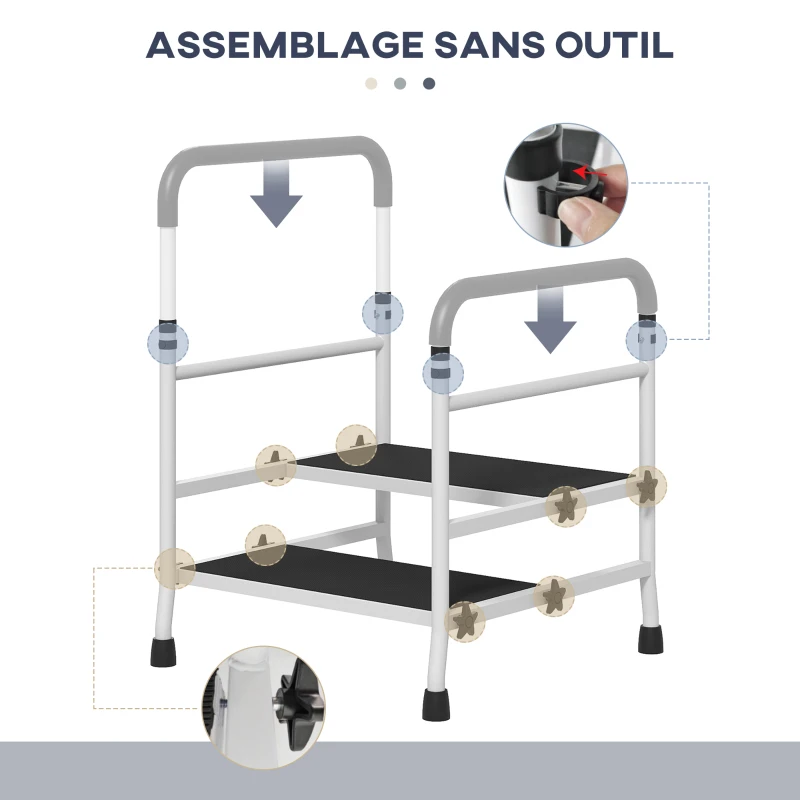HOMCOM Marchepied escabeau 2 marches avec 2 poignées barres de sécurité hauteur réglable pour appui noir blanc